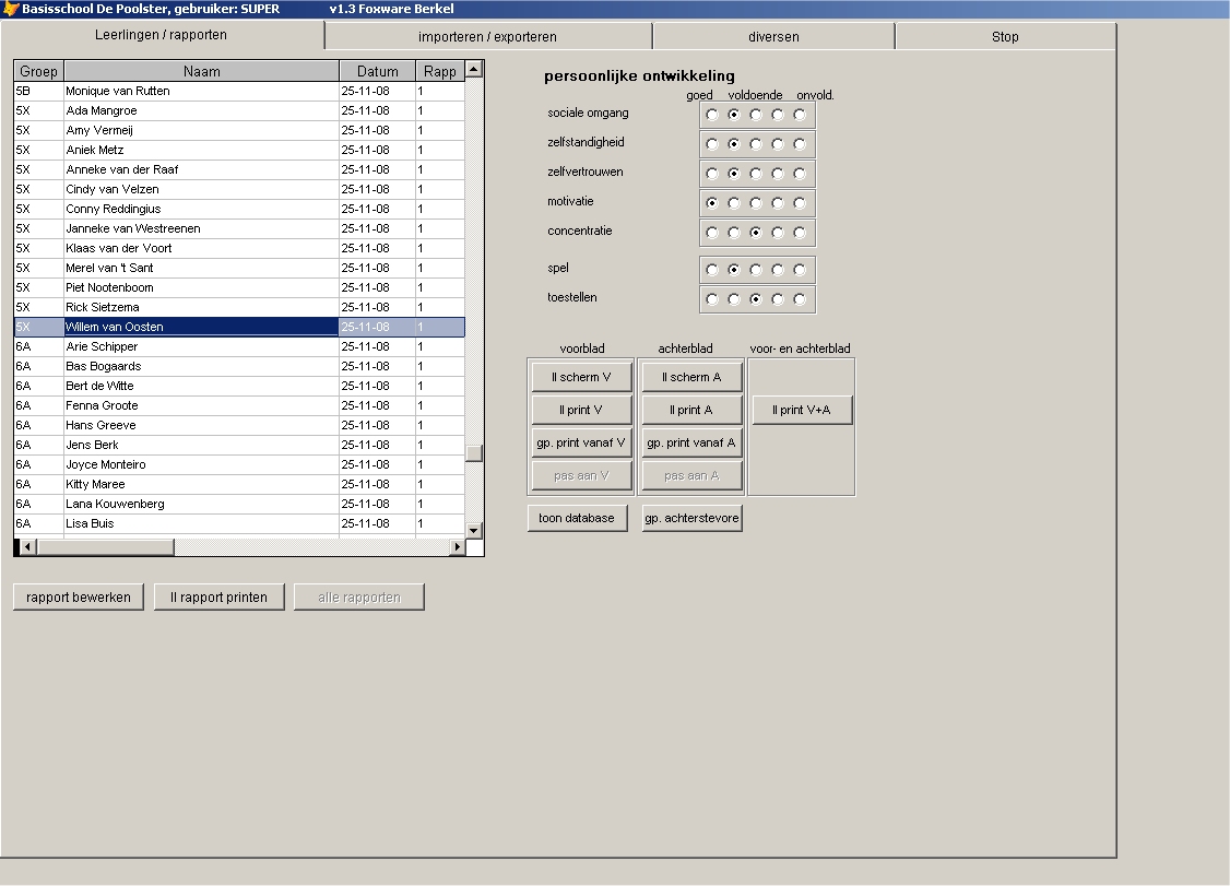 Digitaal schoolrapport, leerlingenkeuzescherm per groep, hier groep 5X