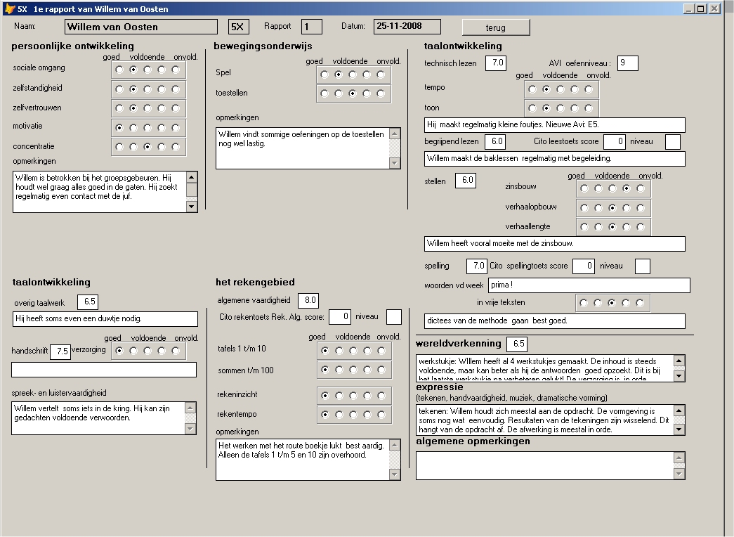 Electronisch schoolrapport, rapportinvoerscherm van groep 5, dit is een simpel scherm