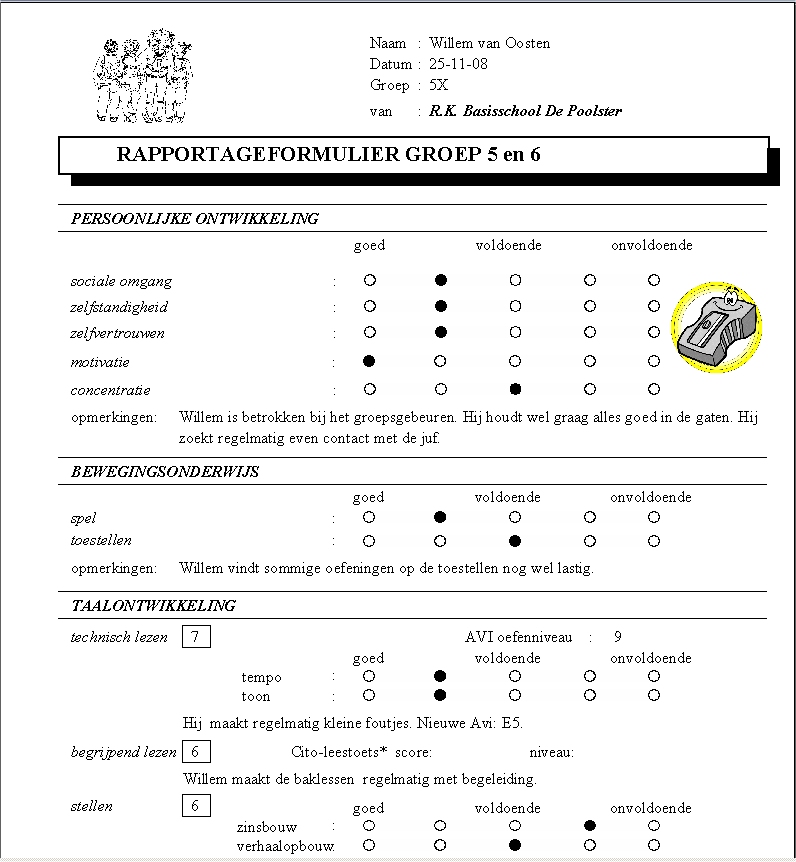 Digitaal schoolrapport, voorbeeld van de printout van het voorblad van het rapport van groep 5.
