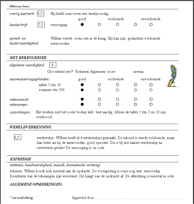 Digitaal schoolrapport, voorbeeld van de printout van het achterblad van een rapport van groep 5